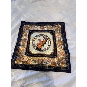 Horse Scarf Equestrian Blue Gold Chain 19" Square Fleur de Lis Classic